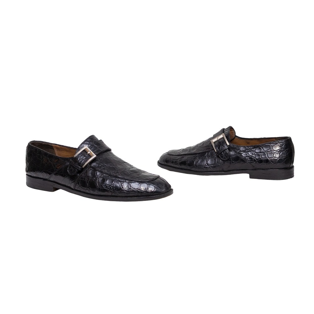 Salvatore Ferragamo Crocodile Monk Strap Loafers Men Black Exotic Leather Box
